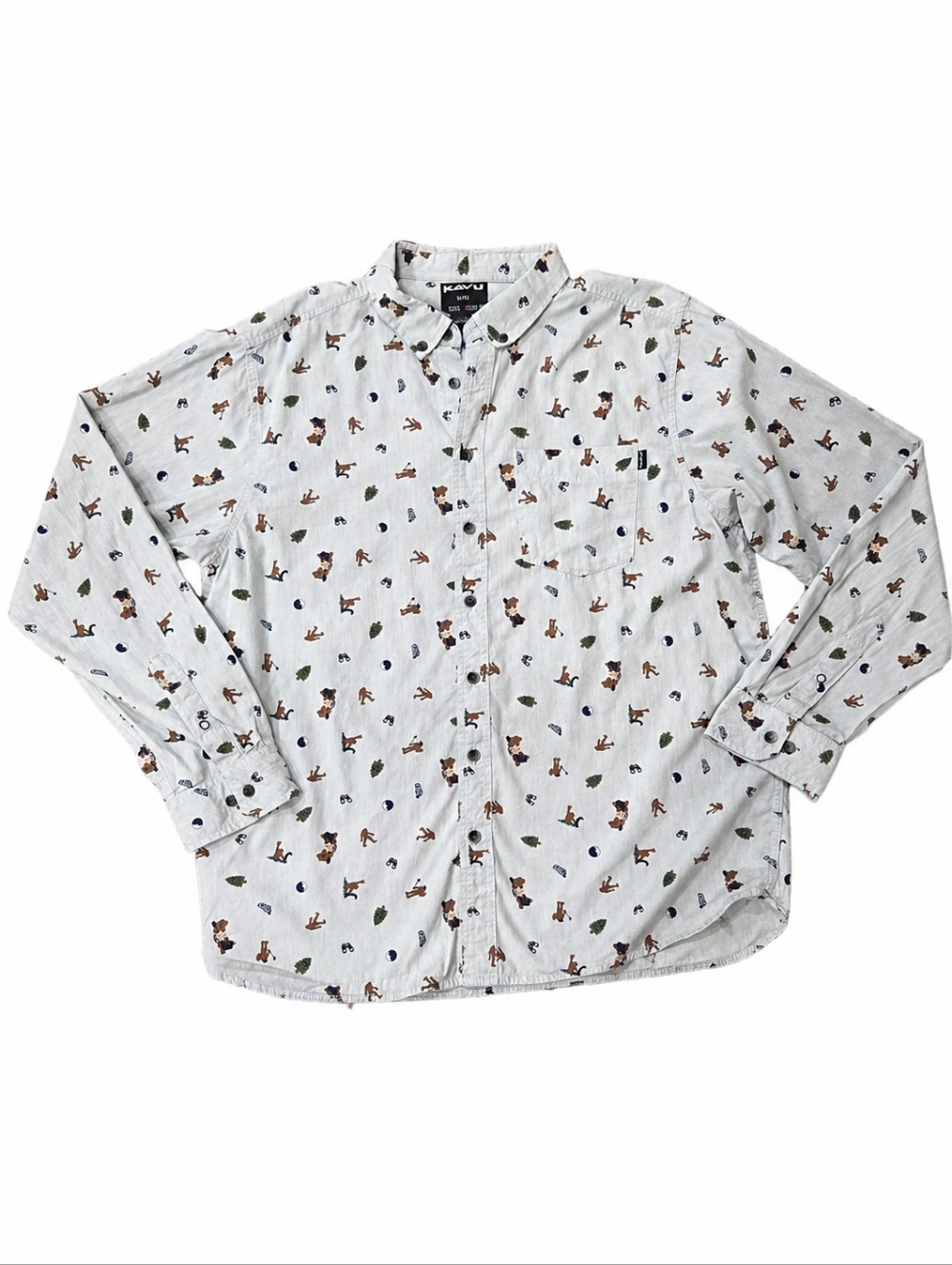 KAVU Button Up Shirt Mens Medium Gray Camping Print Outdoor Long Sleeve Size XL